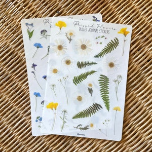 Foglio di adesivi con fiori pressati, adesivi realistici per diario con fiori