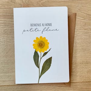 Carte de naissance "bienvenue au monde petite fleur" avec fleur pressée, birth congratulations card for newborn