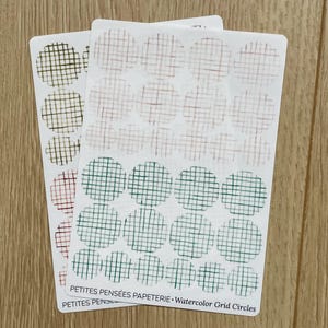 Hoja de pegatinas con círculos de cuadrícula de acuarela, pegatinas de círculos washi de cuadrícula pintadas para decoración de diarios y encabezados, colores tierra y playa