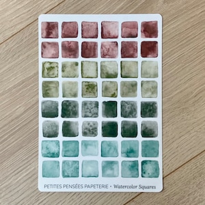 Stickervel met aardse aquarelvierkanten, geverfde washi-stickers met vierkanten voor journaling-headers, aardse kleuren: tinten groen en bruin