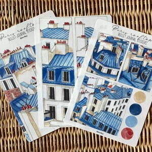 Hojas de pegatinas con acuarelas de tejados parisinos, pegatinas de arte de París para decorar tu diario de viaje o álbum de recortes