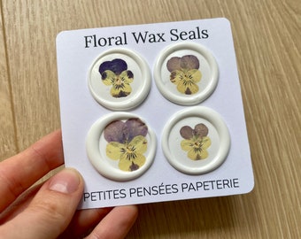Floral wax seals with real pressed pansies, adhesive wax seals for wedding invitations and baby announcement