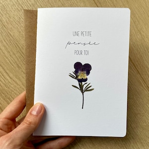 Thinking about you card: "une petite pensée pour toi" with real pressed pansy, friendship card