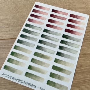Stickervel met aardse aquarelstrepen, washi-stickers met geverfde strepen voor journaling-headers, aardse kleuren: tinten groen en bruin