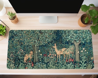 Botanical Art Nouveau Desk Mat With Vintage Green Forest Tapestry Design by William Morris. Cute Deskmat Aesthetic, Large Mouse Pad.