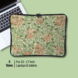 Art Nouveau laptop sleeve with William Morris flowers printed on both sides. Neoprene padded zippered accessory for Macbook Pro Air and iPad