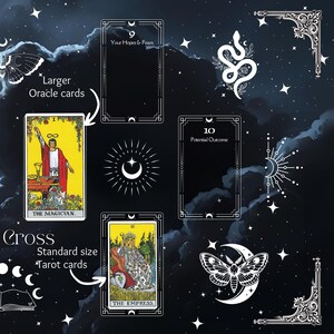 May include: Tarot card spread with a black background and white stars. The spread is called "Cross" and includes the cards "The Magician", "The Empress", "Your Hopes & Fears", and "Potential Outcome".