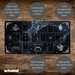 May include: Black tarot cloth with a Celtic cross design and a starry night sky background. The cloth is 3mm thick and has a non-slip rubber base. It is designed to fit standard and larger oracle cards.
