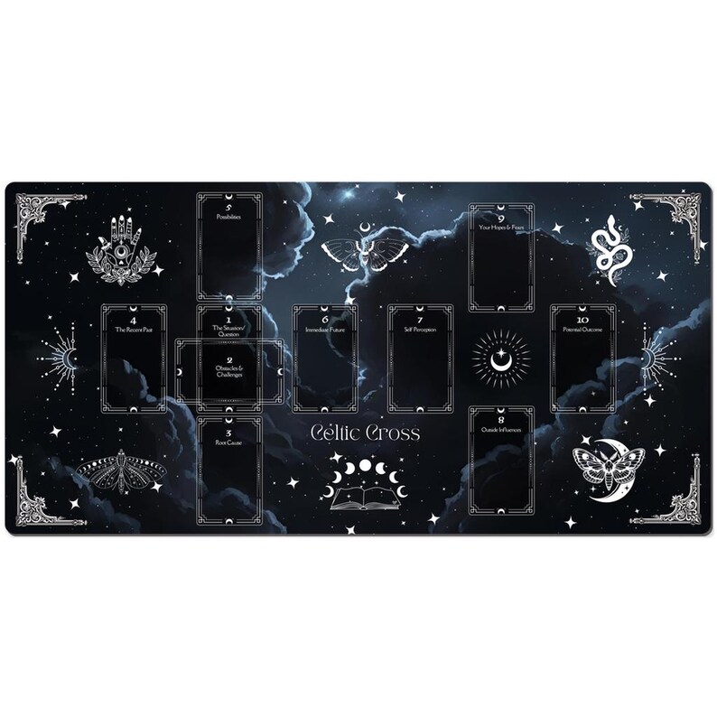 May include: A black and white Celtic Cross tarot reading mat with a starry night sky background. The mat has 10 numbered spaces for tarot cards and features celestial symbols and butterflies.