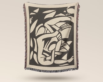 Vintage Art Nouveau design Soft Woven Cotton Throw Blanket. Black and white. Picnic blanket. Bedspread