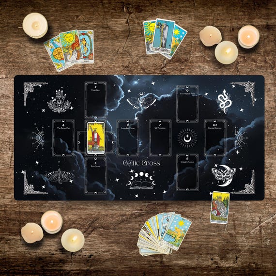 Tarot Mat Celtic Cross Cards Spread. Witchy Black Altar Cloth For Oracle Deck Psychic Reading. Learn Card Placement Guide For Beginners.