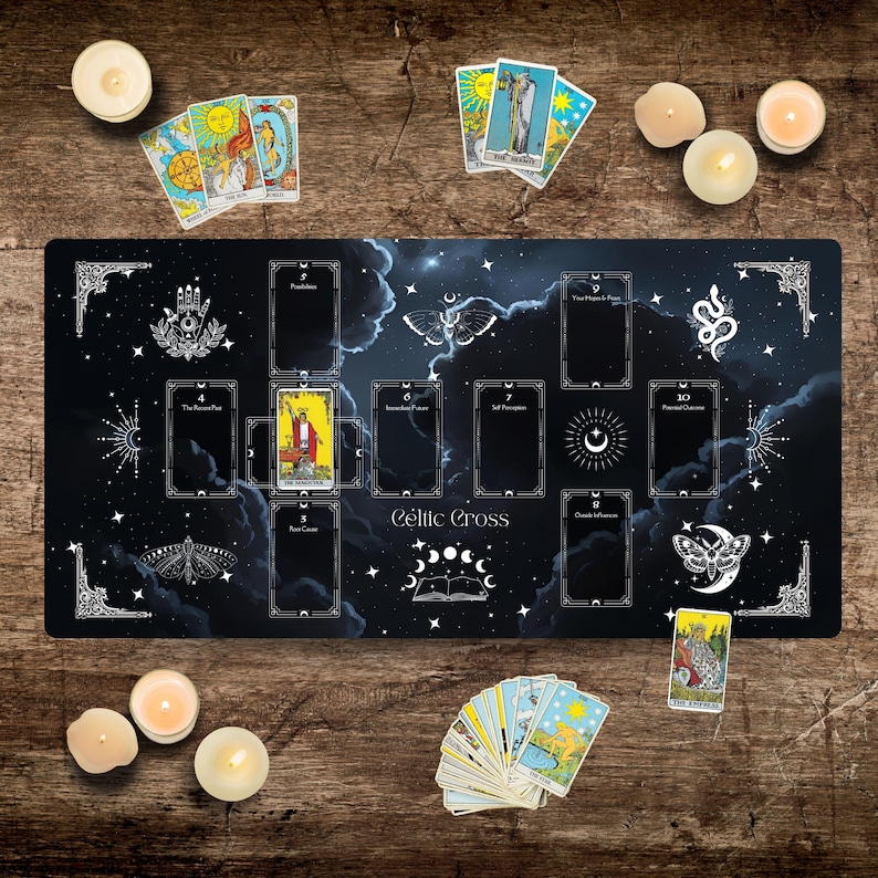 Tarot mat with celtic cross layout surrounded by a mystical witchy symbol on a dark black sky with clouds background.