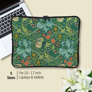 Art Nouveau laptop sleeve with William Morris Lillies print on both sides. Neoprene padded zippered accessory for Macbook Pro Air and iPad