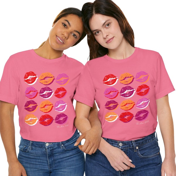 Lesbian Queer Rainbow Pride Tee Shirt for Women- LGBTQ Pride Festival Outfit, Subtle Pride Shirt with brightly colored Lips Pop Art Design