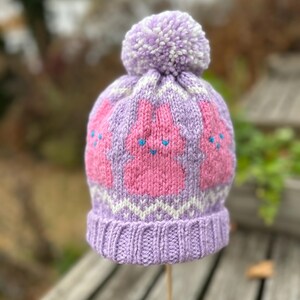 Peut inclure: Un bonnet en tricot violet avec un pompon blanc sur le dessus. Le bonnet a un motif rose et blanc avec un dessin de lapins.