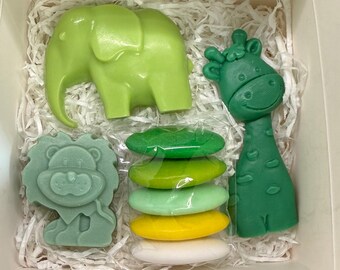 MIX SAPONE SAFARI con scatola, 5 confetti e tag personalizzato /bomboniere battesimo/nascita bimbi/ compleanno/Elefante/leoncino/giraffa
