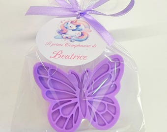 SAPONE FARFALLA PERSONALIZZATO con sacchetto trasparente /bomboniere matrimonio/cresima/comunione/laurea/compleanno/battesimo/nascita