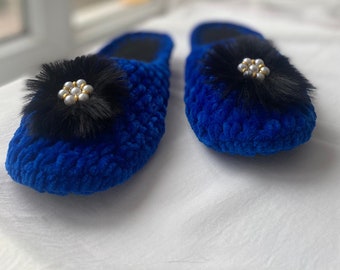 Mothers day present,Luxurious Dark Blue Velvet Slippers,handmade house shoes,bridesmaid gift,,Warm Soft for a Comfortable and Memorable Gift