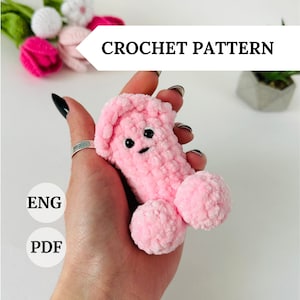 May include: A pink crocheted amigurumi toy shaped like a human body with a face. The toy is being held in a person's hand. The image includes the text "CROCHET PATTERN" and "ENG PDF".