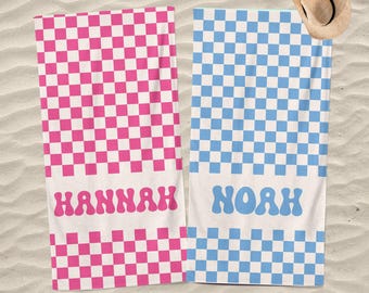 Personalized Retro Checkered Pattern Beach Towel, Custom Name Towel for Kids Boys Girls, Gift for Bachelorette & Birthday  and Pool Parties