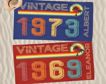 Custom Vintage Style 80's Name Beach Towel, Personalized Name Date Pool Towel, Unique Birthday Vacation Gift, Summer Present For Her Him