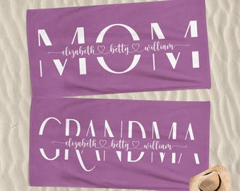 Personalized Mom Beach Towel with Kids Names, Custom I Love Grandma Pool Towel, Mother's Day Gift, Mom Gift from Kids, Great Gift Idea