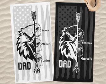 Eagle Father's Day Custom Beach Towel, Personalized Dad with Kids Name Pool Towel, Gift for Papa Grandpa with Grandchild Names,Birthday Gift