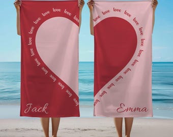 Custom Valentine's Day Heart Beach Towel, Personalized Unique Gift for Her Him, Great Gift Idea for Lovers, Present For Girlfriend Boyfriend