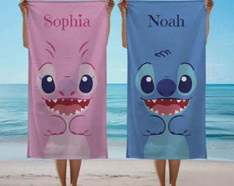 Custom Stitch Design Name Beach Towel, Personalized Disneyland Trip Pool Towel, Disney Heroes Birthday Gift for Kids Girls Boys
