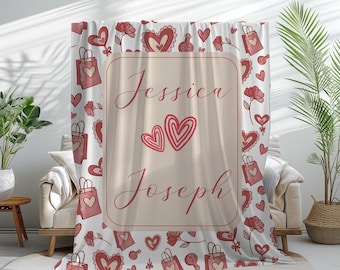 Custom Couples Valentine Blanket, Personalized Valentine's Day Name Throw,Gift For Lovers,Valentine's Day Present,Hearts Design Gift for Her
