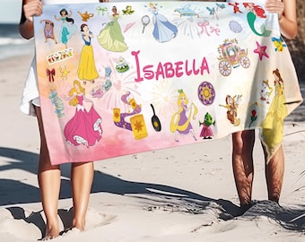 Custom Disney Princess Beach Towel, Personalized Name Princess Pool Towel, Birthday Girl Summer Vacation Gift,Home Bath Decor,Gift for Girls