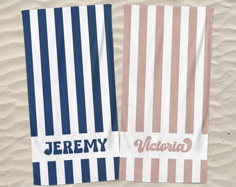Colored Stripes Beach Name Towel, Vertical Lines Pool Towel, Personalized Bath Towel, Vacation Summer Gift for Her Him, Wedding Party Favor