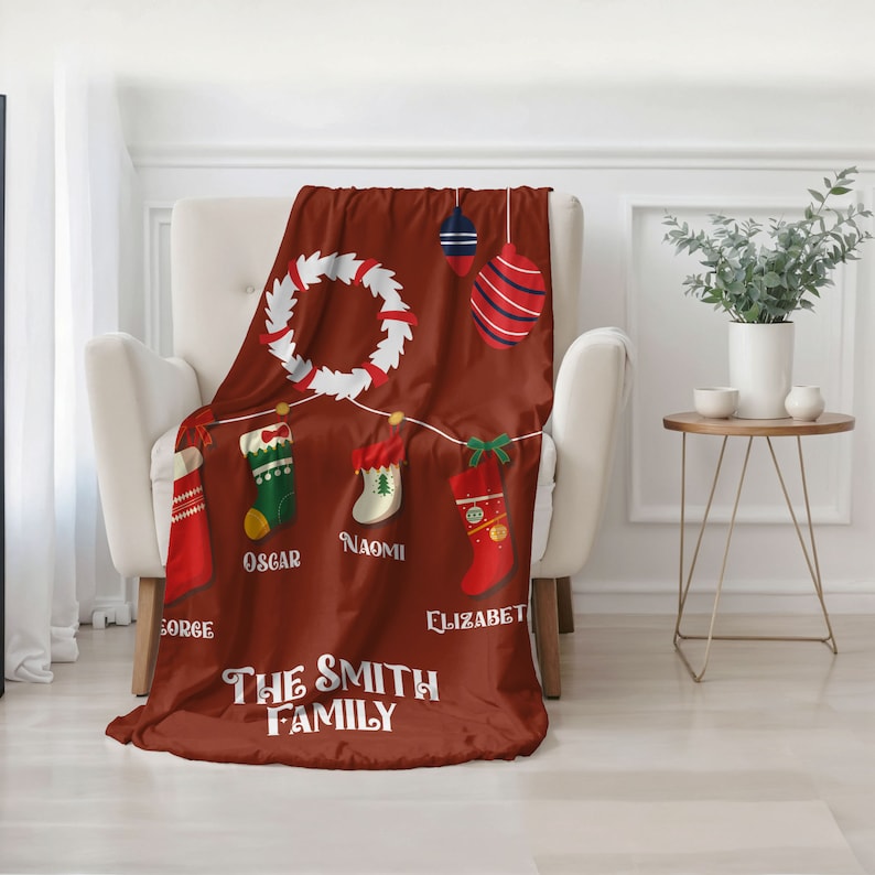 Christmas Custom Family Name Blanket, Personalized Xmas Throw for Baby