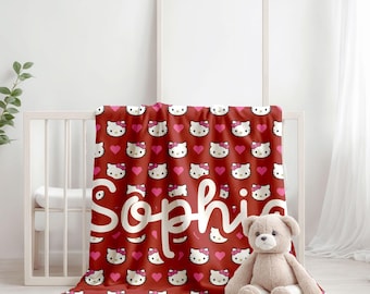 Personalized Hello Kitty Design Cozy Blanket, Velveteen Custom Plush Name Throw, Gift for Kids Girls Her, Birthday Valentine's Day Present