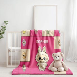 Custom Labubu Name Blanket, Personalized Cozy Throw, Nursery Birthday Gift for Kids Boys Girls, Newborn Cute Monster Theme Blanket,