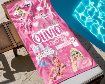 Custom Sticker Songs Design Name Beach Towel,Personalized Singer Collage Beach Towel,Birthday Gift For Her Baby Girl, Present For Music Fans