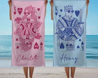 Valentine's Day Couples Beach Towel, Personalized Playing Card Design Gift for Her Him, Birthday Anniversary Unique Present,Love Heart Theme