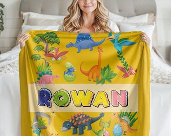 Custom Kids Dinosaur Design Name Blanket, Personalized Baby Boy Cute Cozy Throw, Kids Birthday Gift Idea, New Mom Baby Shower Present