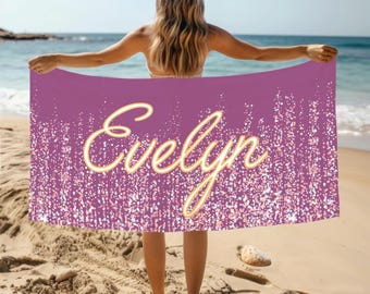 Personalized Name Beach Towel, Custom Monogram Birthday Gift, Glitter Design Pool Towel, Bachelorette Beach Party Gift, Bridal Shower Gift
