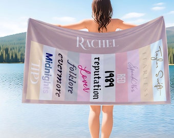 Taylor Albums Custom Beach Towel, Swiftie Fans Name Pool Towel, Concert Music Towel, Present For Kids/Fans/Her/Him, Unique Swiftie Gift
