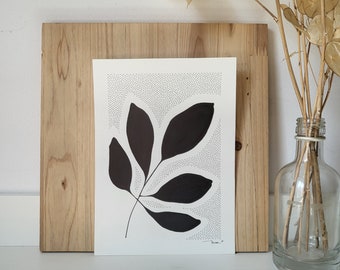 Original botanical drawing, Handmade leaf gaphic art, Ink on thin paper