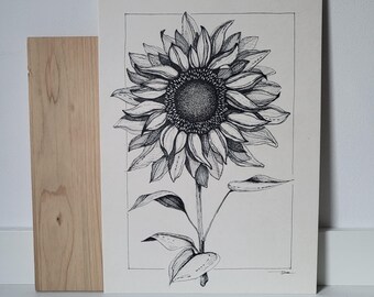 Original Sunflower drawing, Floral Handmade ink art, Botanical illustration
