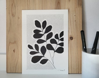 Simple Leaf Drawing, Handmade gaphic art, Ink on thin paper