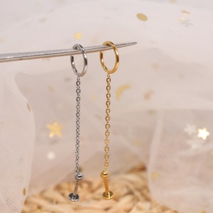 Nose Hoop Earring 16g Chain Earring Hoop /Dangle Chain Jewelry / Chained Ball Stud /316L Surgical Steel / Double Piercing
