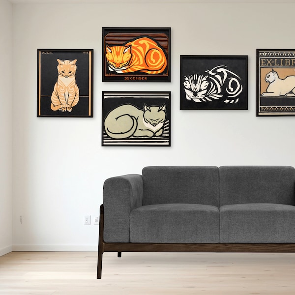 Julie De Graag Art Print Digital - Vintage Art Nouveau Cats ,Set of 12 Posters Download Retro Poster  Printable Cats Wall Art