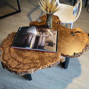 Elm Burl Coffee Table Made From Solid Wood Slab Top With Live Edge And Black Steel Legs, Unique Organic Shape Coffee Table Crafted From Elm