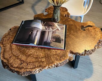 Elm Burl Coffee Table Made From Solid Wood Slab Top With Live Edge And Black Steel Legs, Unique Organic Shape Coffee Table Crafted From Elm