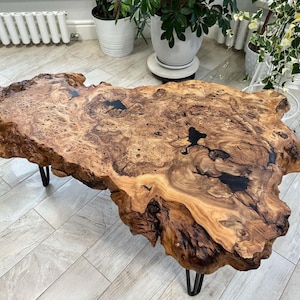 Rustic Coffee Table Made From Hornbeam Slab With Organic From, Live Edge Coffee Table Handcrafted From Solid Wood, Natural Design Table