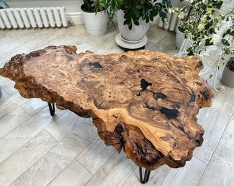 Rustic Coffee Table Made From Hornbeam Slab With Organic From, Live Edge Coffee Table Handcrafted From Solid Wood, Natural Design Table