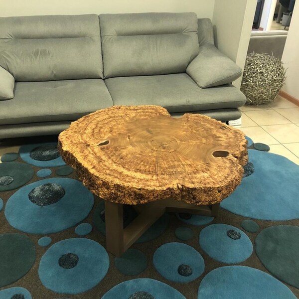 Wooden Coffee Table With Natural Form Made From Solid Elm Slab, Gorgeous Live Edge Elm Coffee Table With Organic Shape, Rustic Sofa Table